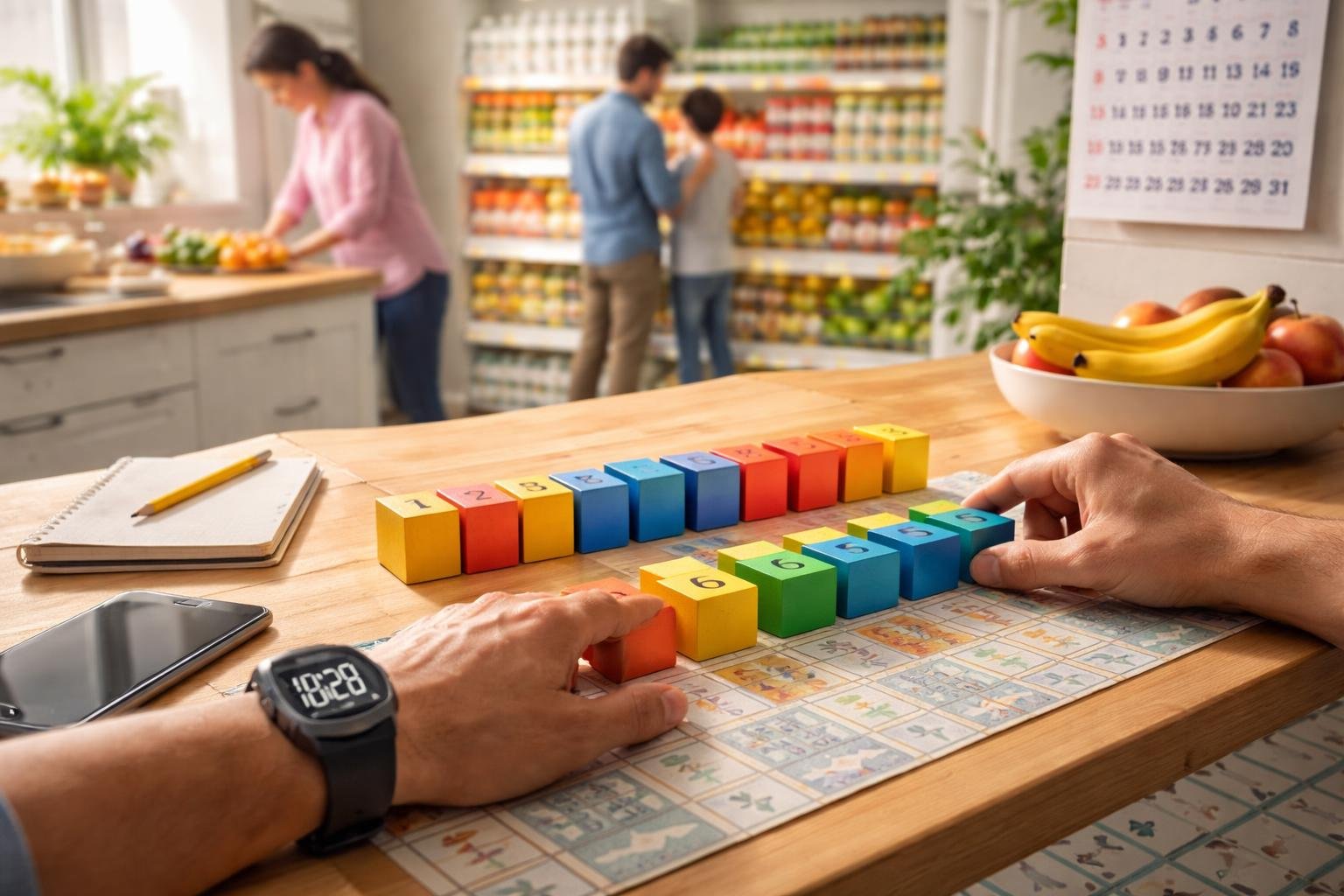People interacting with everyday objects that show number patterns, including geometric blocks, a digital watch, a supermarket shelf, patterned floor tiles, and a calendar.