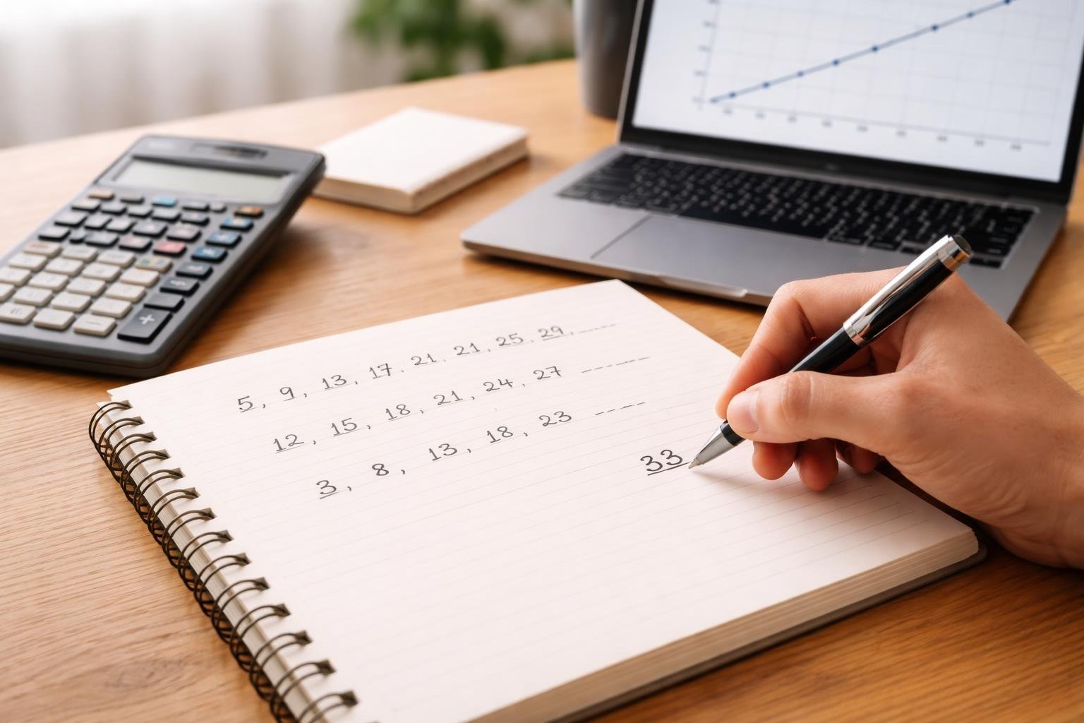 A desk with an open notebook showing numbers in an arithmetic sequence, a hand writing with a pen, a calculator, and a laptop displaying a linear graph.