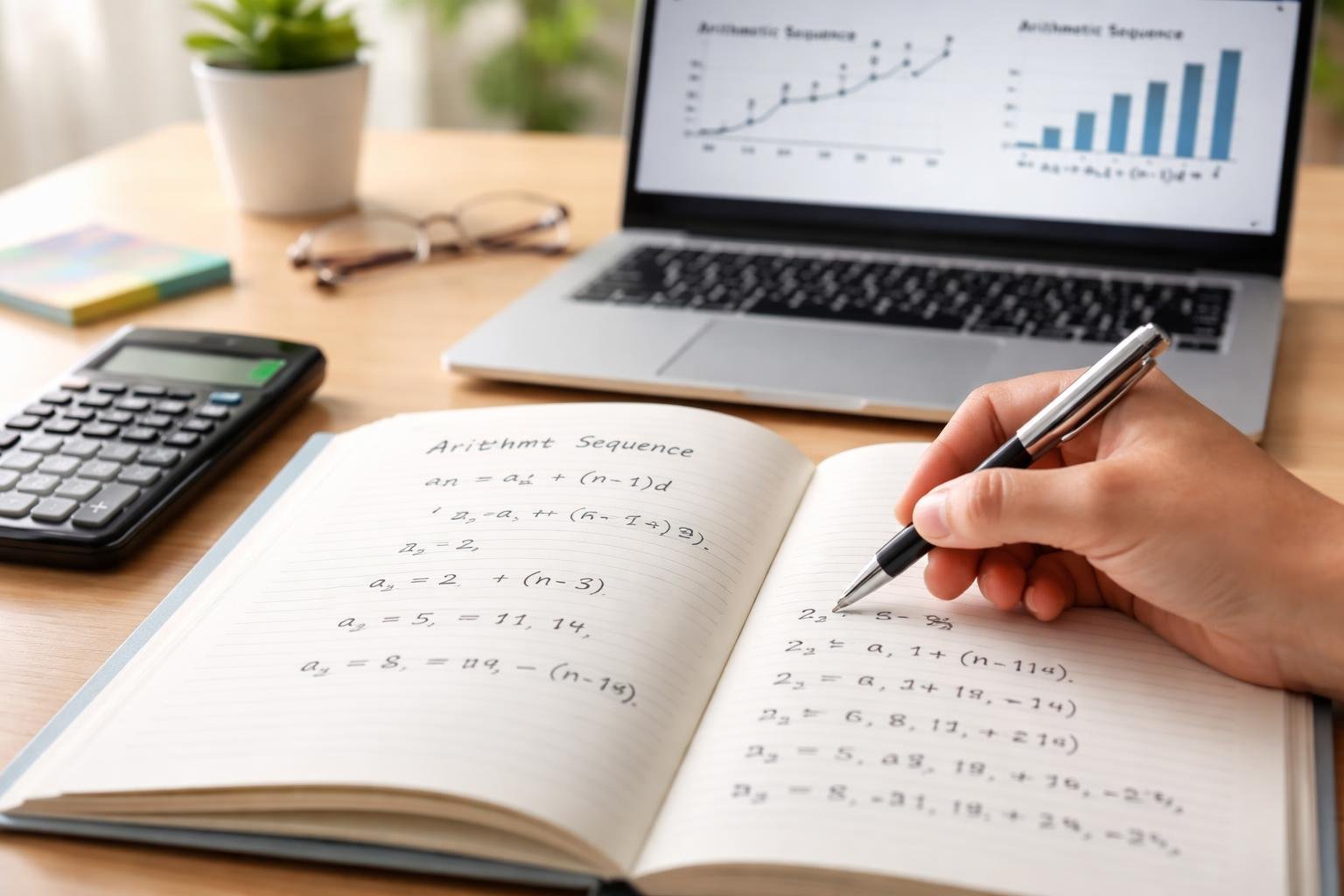 A person studying arithmetic sequences with a notebook, pen, calculator, and laptop on a desk.