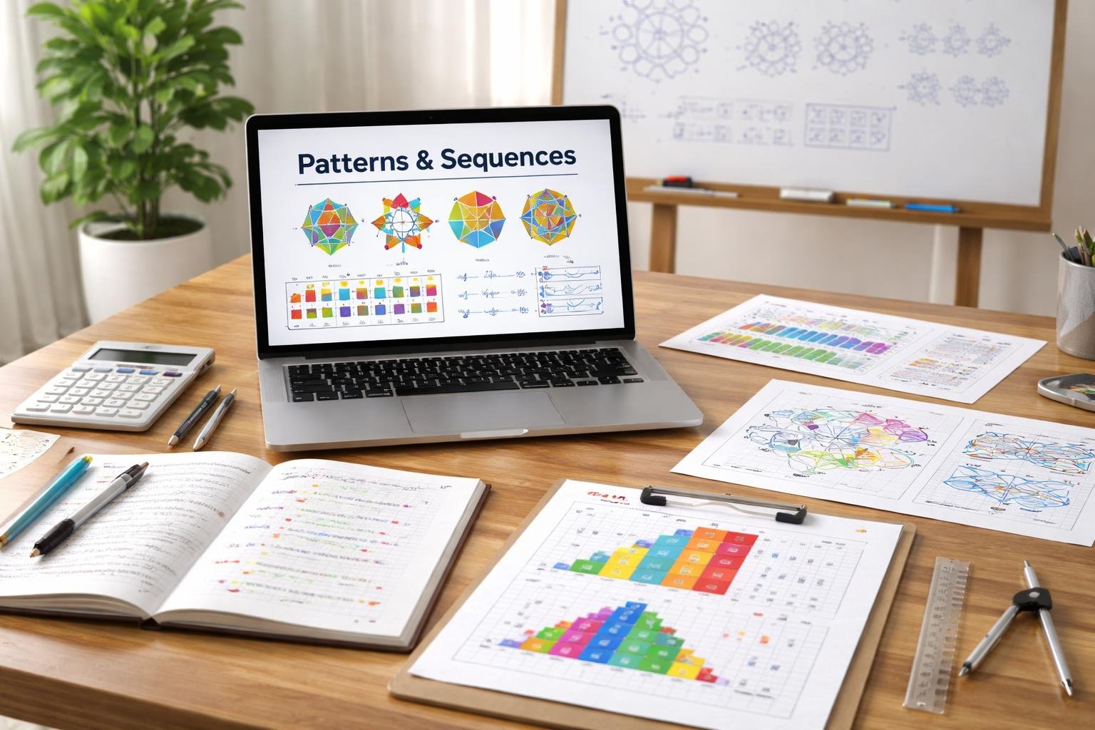 A workspace with notebooks, graph papers, charts, and a laptop showing patterns and sequences, with a whiteboard in the background displaying sketches of shapes and numbers.
