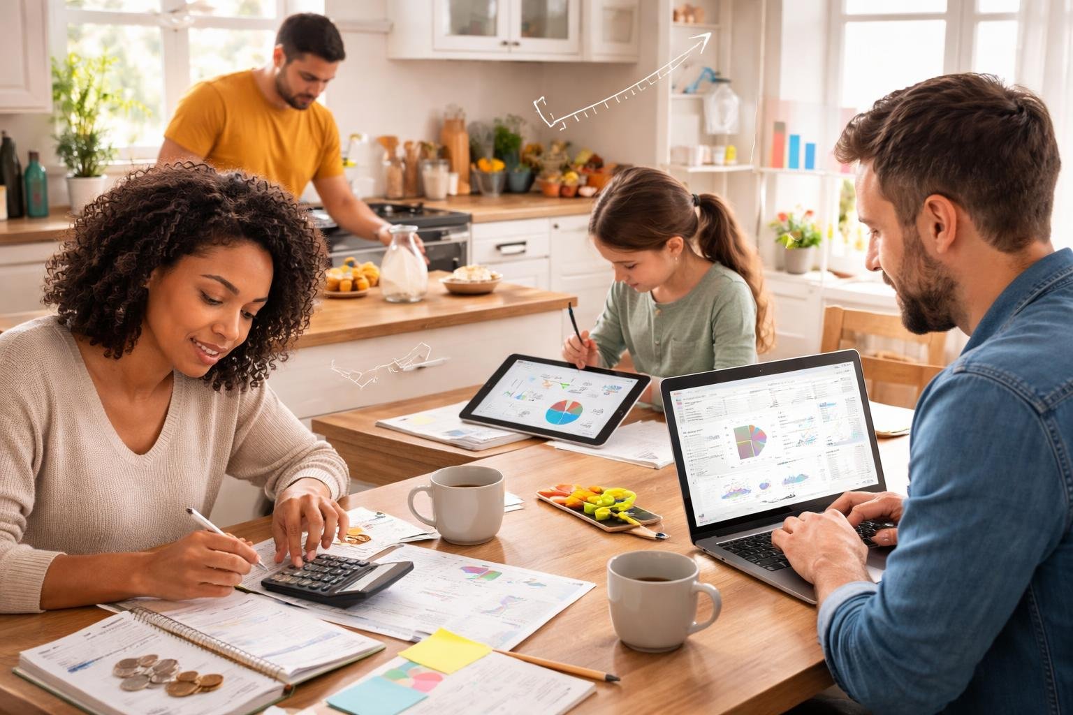 People of different ages using math in daily activities such as calculating expenses, cooking with measurements, and solving problems on a tablet in a home setting.
