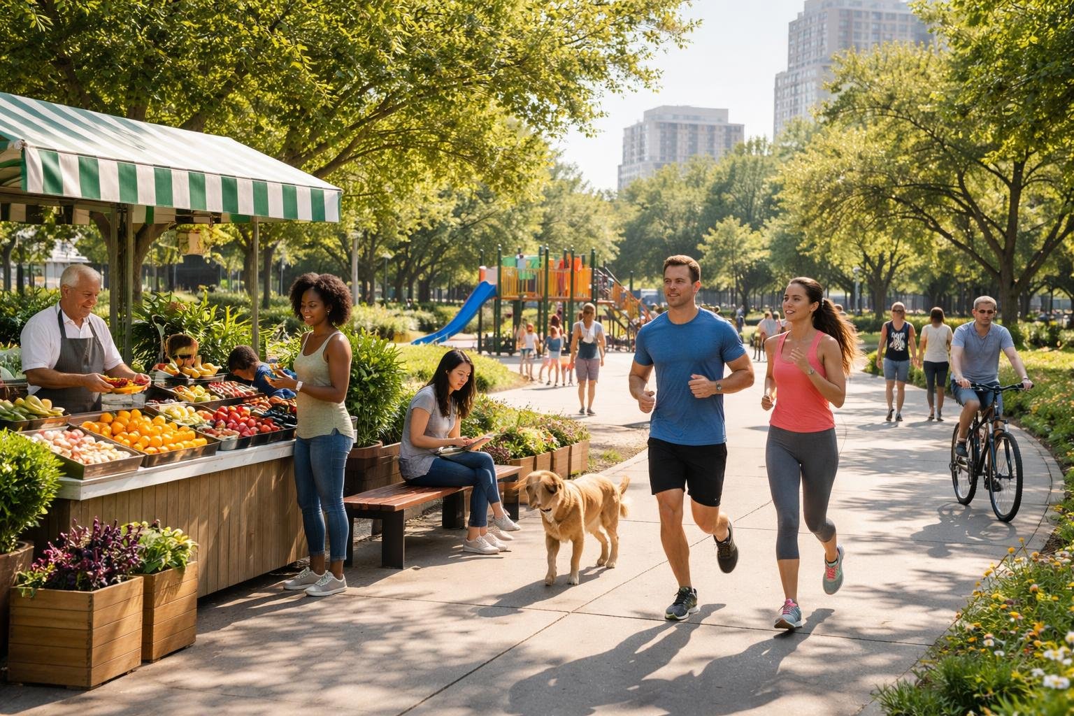 People engaged in various everyday activities in a park, including jogging, walking dogs, reading, children playing, and cycling.