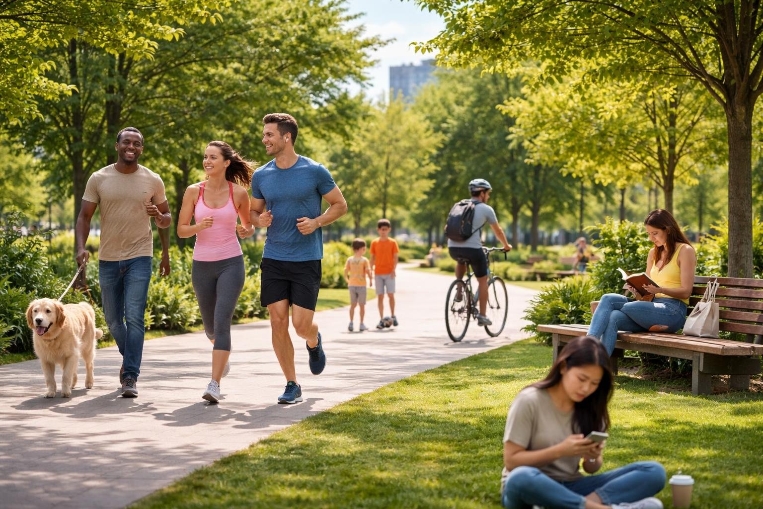 People participating in everyday activities like jogging, walking a dog, reading, cycling, playing, and using a smartphone in a sunny park.
