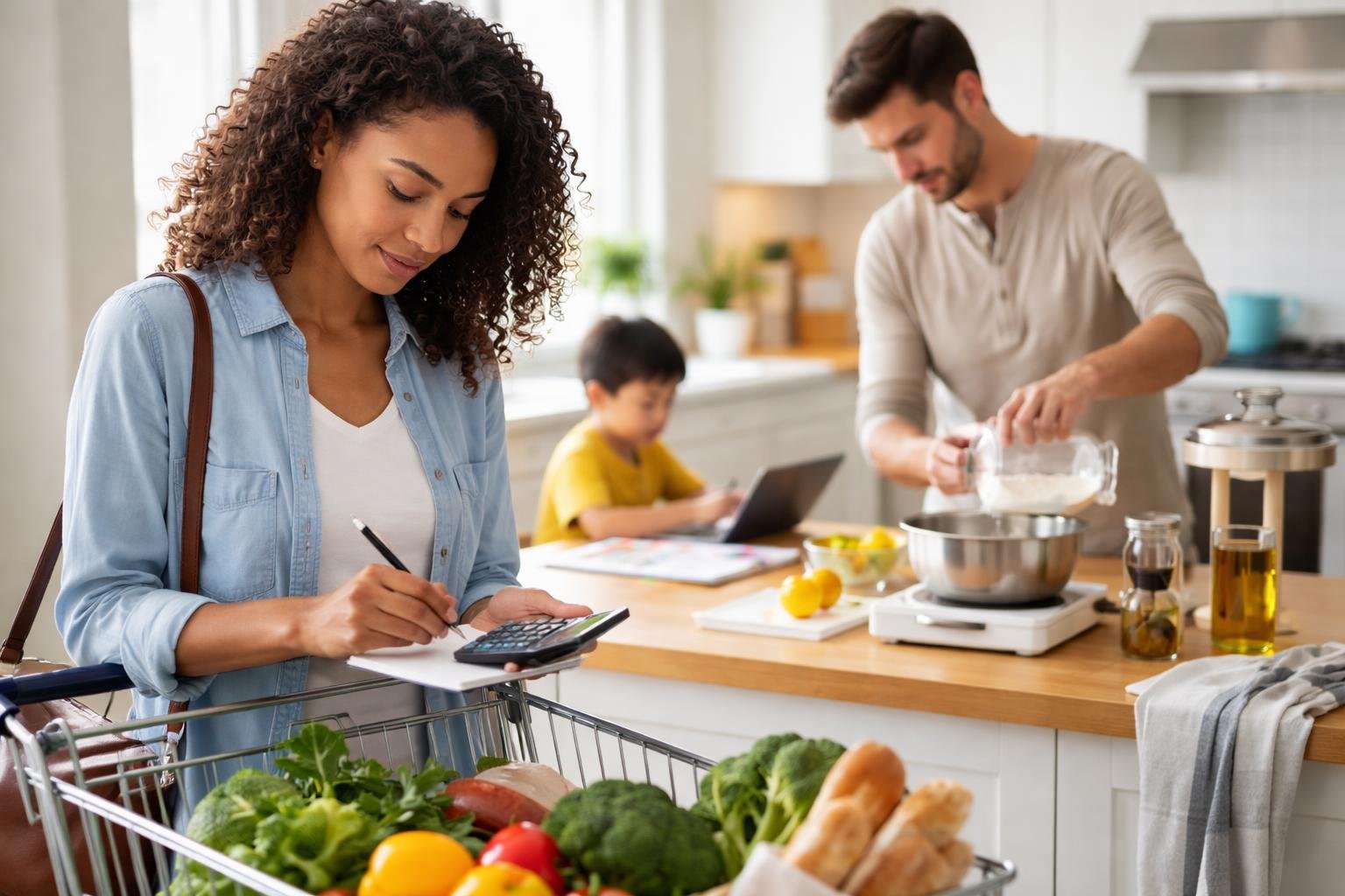 People using math in daily life, including shopping, cooking, and solving a puzzle at home.