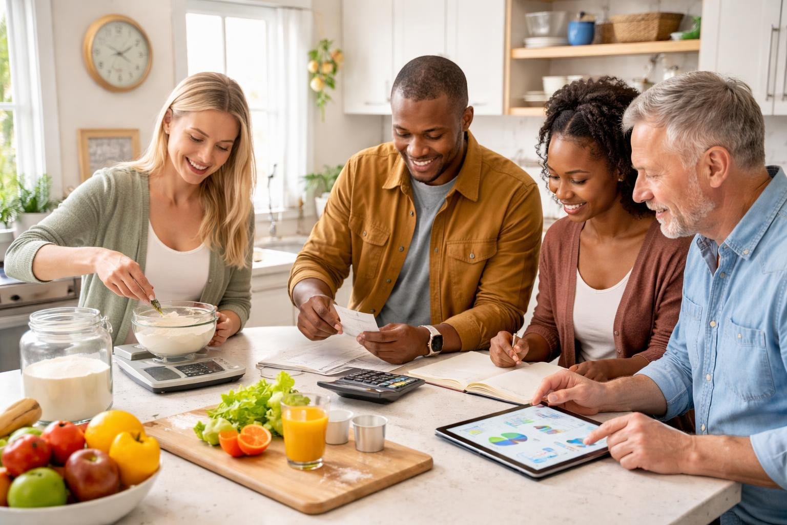 A group of adults using measuring tools, a calculator, and a tablet in a kitchen while preparing food and calculating expenses.